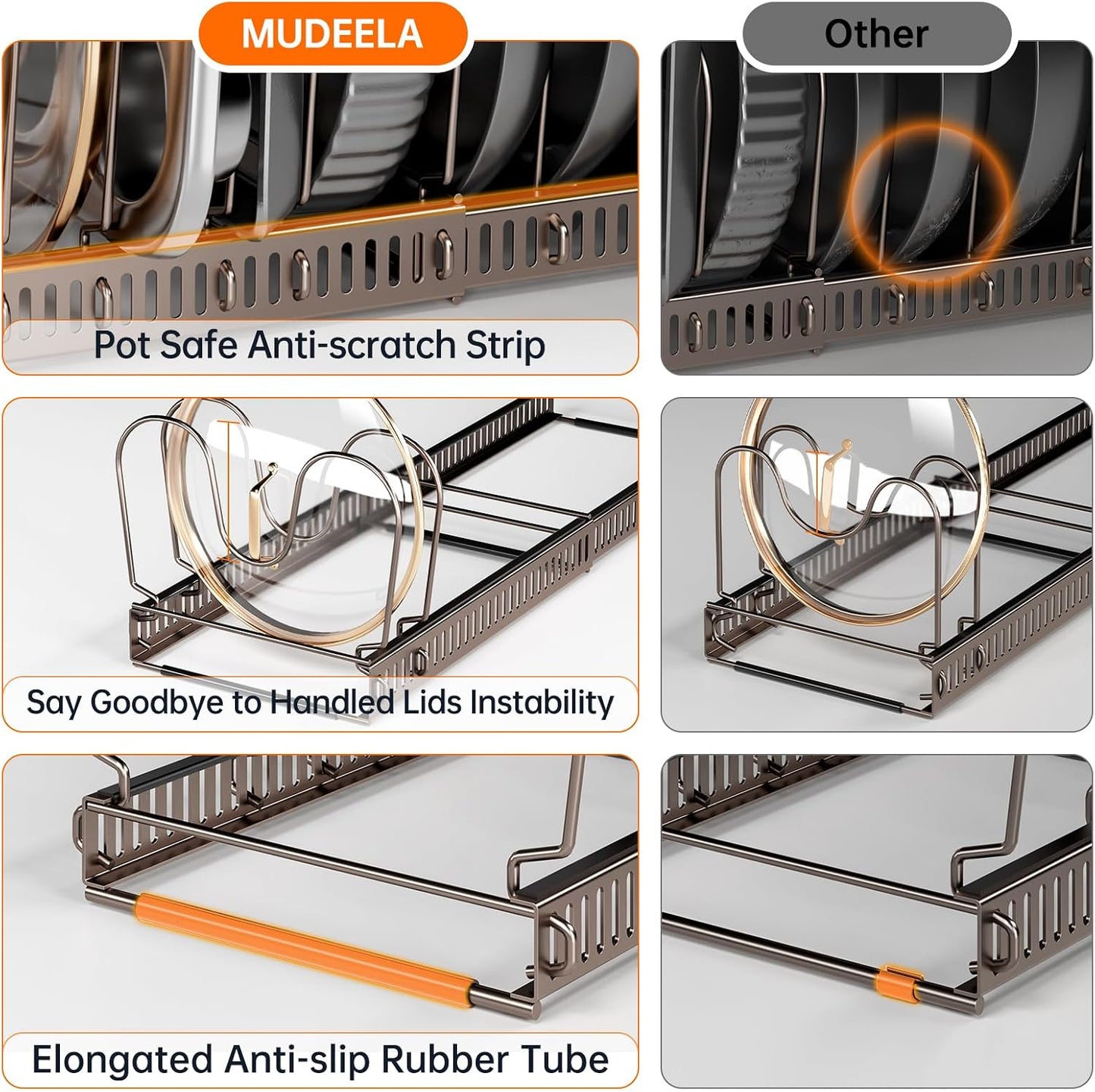 MUDEELA Expandable Pot Pan Lid Organizers inside Cabinet, 10 Divider-Black | Expandable 11.8–22.9", 10 Adjustable Divider, Tool-Free Assembly, Non-Slip, Scratch-Proof, For Pan Lid Cutting Board Bakeware