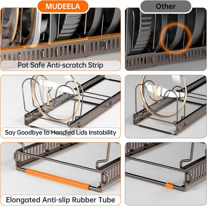 MUDEELA Expandable Pot Pan Lid Organizers inside Cabinet, 10 Divider-Black | Expandable 11.8–22.9", 10 Adjustable Divider, Tool-Free Assembly, Non-Slip, Scratch-Proof, For Pan Lid Cutting Board Bakeware