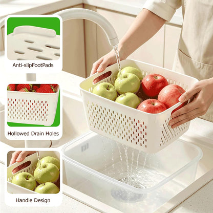KUK 4 Pack Fruit Storage Containers for Fridge, Leakproof Food Containers with Removable Colander, Fruit Containers for Fridge BPA Free Produce Containers Keep Vegetables Berry Meat Fresh Longer