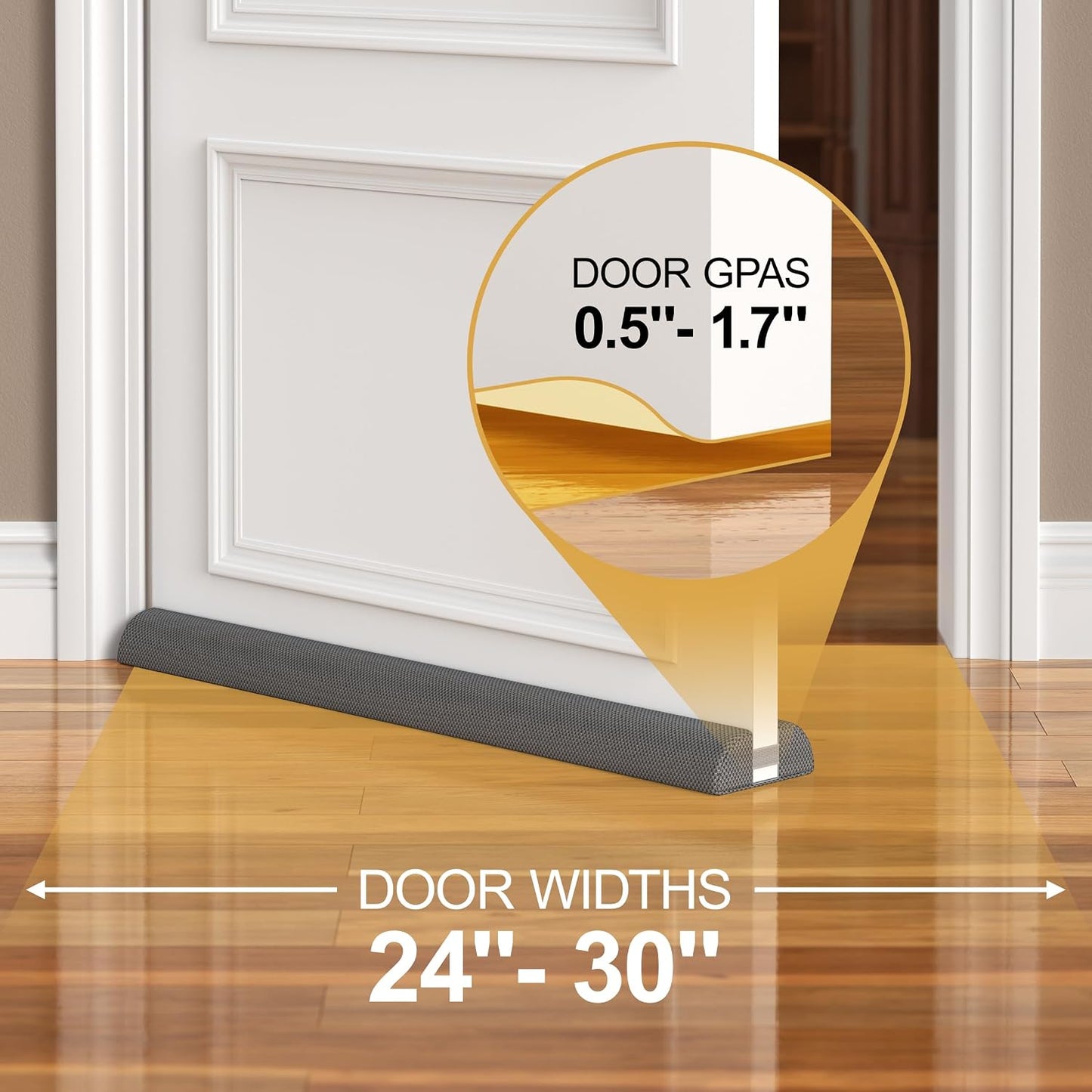 HADOR 30 Inch Door Draft Stopper, Fits 24-30" Doors, 0.5-1.7" Gaps, Gray | Double-Sided Under Door Gap Filler, Blocks Drafts, Dust, Light and Pet Hair, Easy Slide-On Fit, Machine Washable