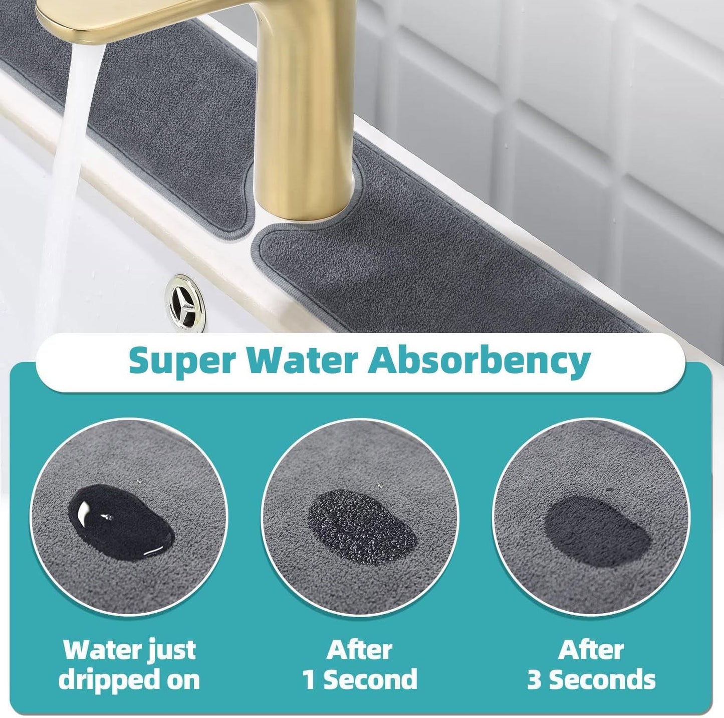 PoYang 4 Pack Faucet Mat for Kitchen Sink Splash Guard, Long 24x5.1 Inch | Super Absorbent Microfiber Faucet Mat, Catch Splashes and Drips, Machine Washable Sink Protectors for Kitchen, Bathroom & RV