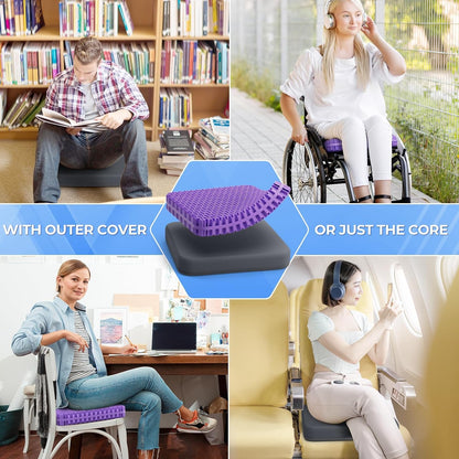 TushGuard Gel Seat Cushion for Long Sitting, Breathable Thick Patent Design | Enlarged Cooling Chair Pad for Office, Wheelchair, Soft Car Cushion for Back, Hip, Sciatica (Standard, Black+Violet)