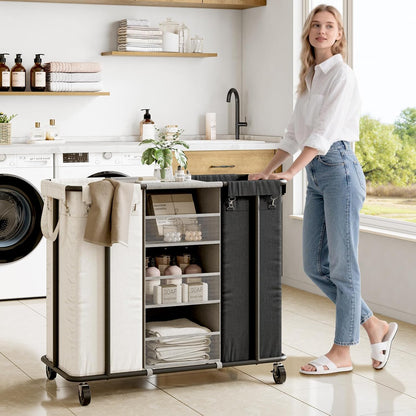 WOWLIVE Laundry Sorter 2 Section, 200L Rolling Laundry Hamper with Wheels | Laundry Cart with Steel Frame, Laundry Basket with Hanging and Removable Bag, Storage Unit Basket Organizer for Dorm, Beige