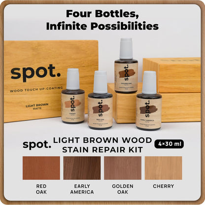 Light Brown Wood Stain Repair Kit, Brush-On Touch-Up Stain Bottles, Golden Oak, Early America, Cherry, Red Oak, Interior and Exterior Wood, 4 fl oz Total by spot.