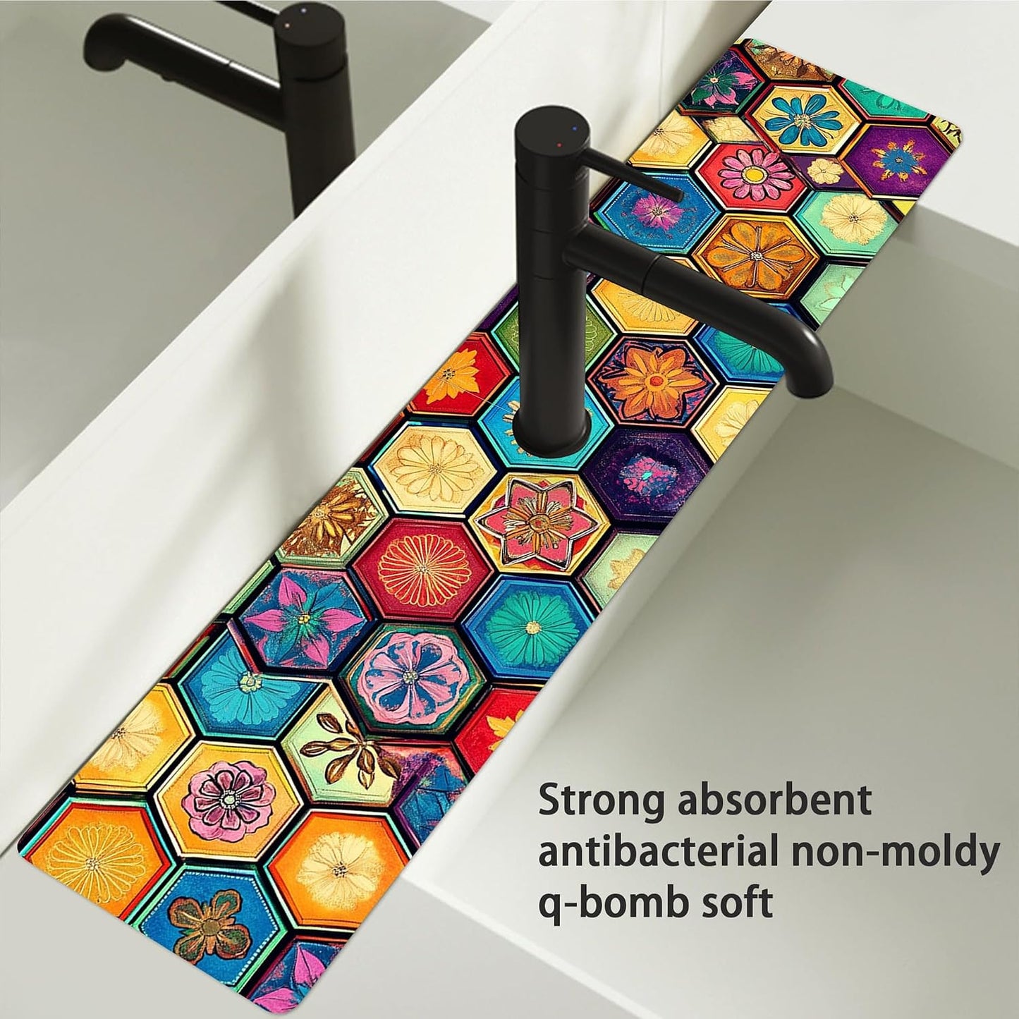 Bimkole 2 PCS Faucet Absorbent Mat, Kitchen Faucet Sink Splash Guard Wraparound Cloth Pads Drip Catcher for Sink Faucet for Kitchen Bathroom Faucet, Colorful Faucet Mat, 15 x 4 Inch Flower A6