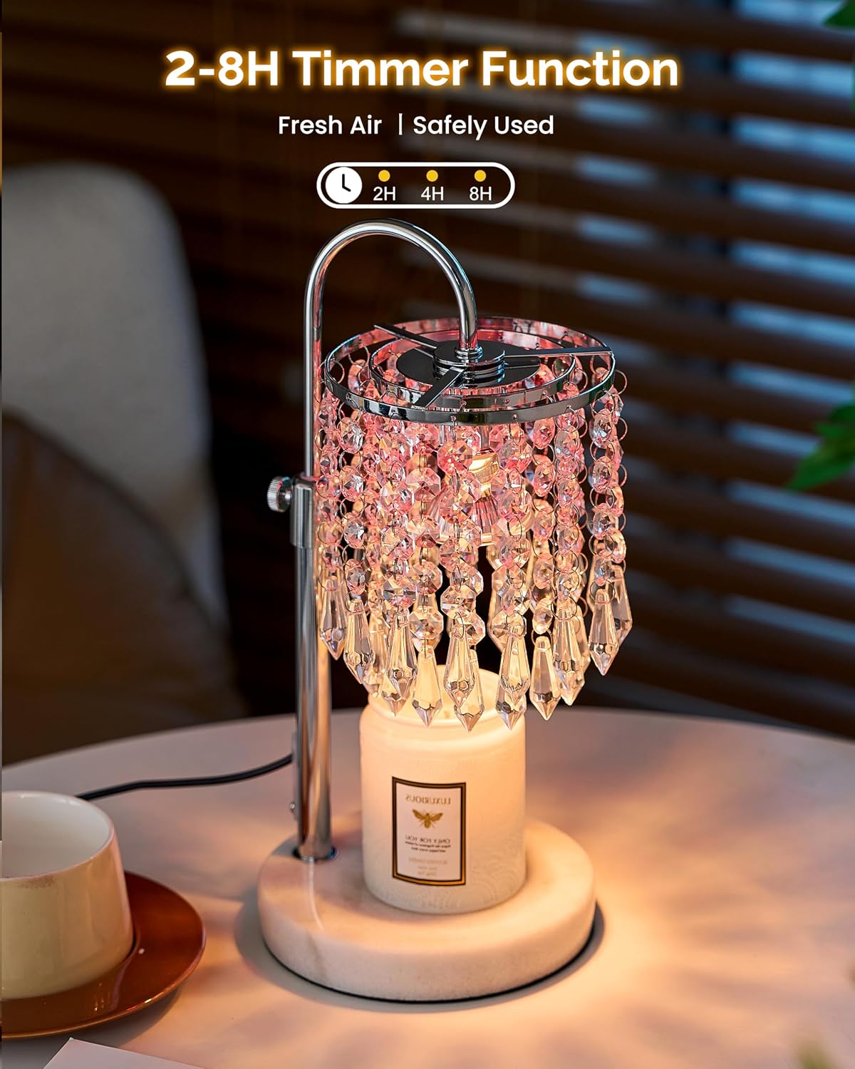 Candle Warmer Lamp with Timer Dimmer and 3 Bulbs, Candle Lamp Warmer with Marble Base for Adjustable Height, Crystal Candle Lamp for Jar Candles, House Warming Gifts Home Room Decor, Silver