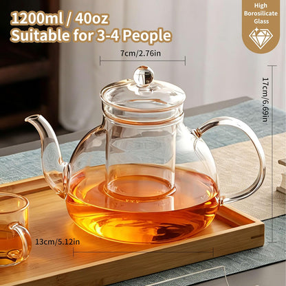 DOPUDO 40OZ (1200ML) Glass Teapot with Infuser Stovetop Safe, Clear Glass Tea Pot Kettle, Borosilicate Tea Pot with Infusers Filter for Loose Tea, Tea Kettle Dishwasher Safe.