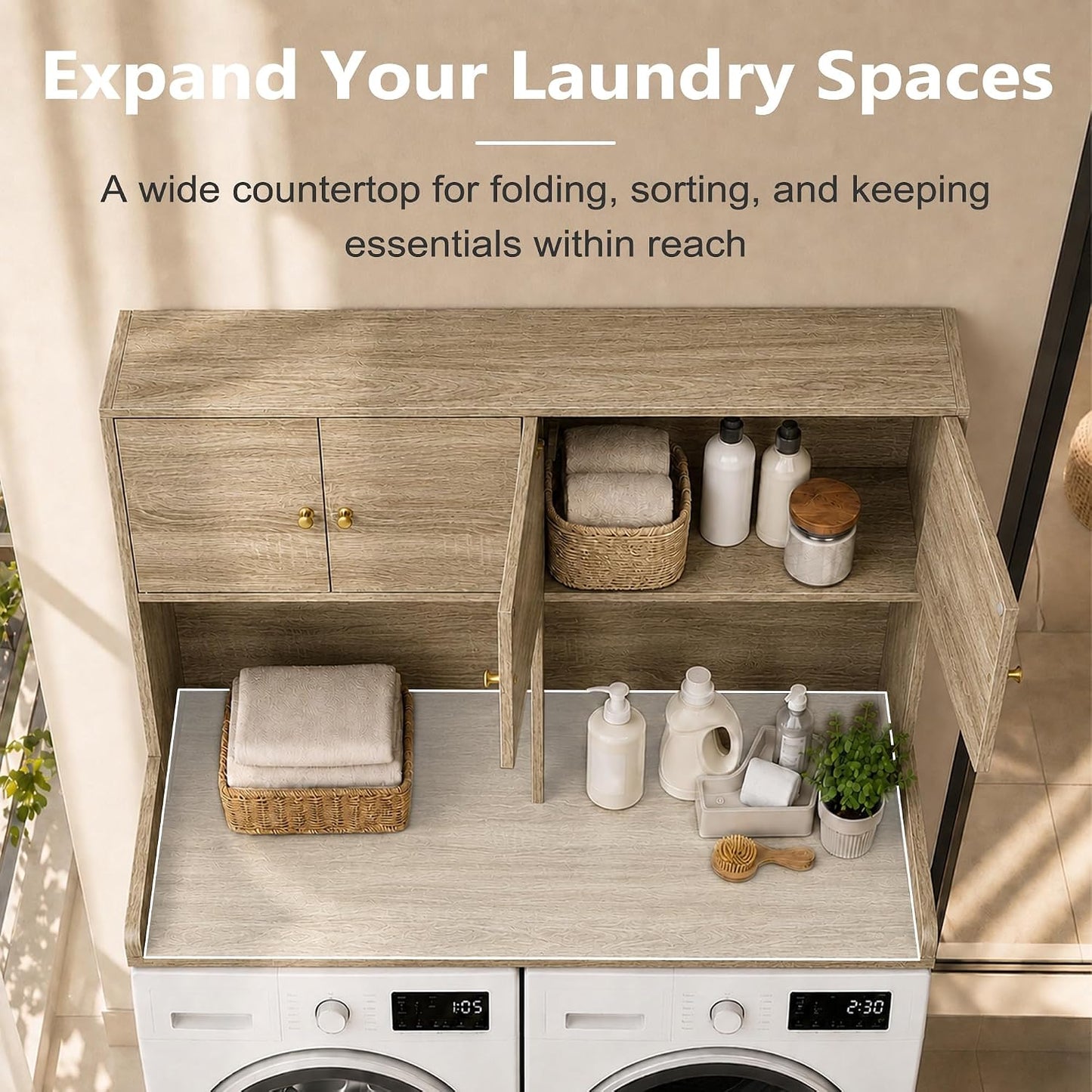 Washer Dryer Countertop with Cabinets, 2-Tier Laundry Countertop with Shelf | Washer and Dryer Topper with Edge, Over Washer and Dryer Shelves for Laundry Room, Universal Fit, 54.5"Wx27.5"Dx32.5"H