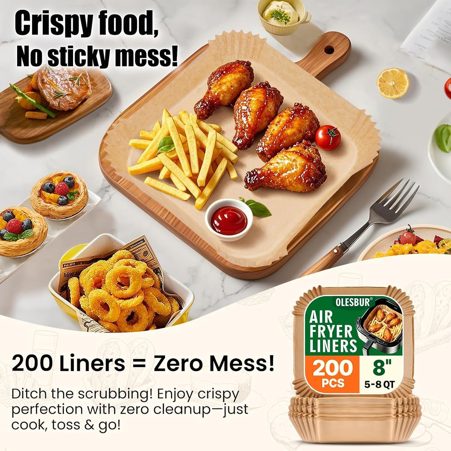 OLESBUR Air Fryer Liners Disposable, 200Pcs 8 Inch Airfryer Paper Liners, Unbleached Parchment Paper for Air Fryer Basket, Non-Stick Air Fryer Accessories, Liners for Baking, Parchment Paper Sheets