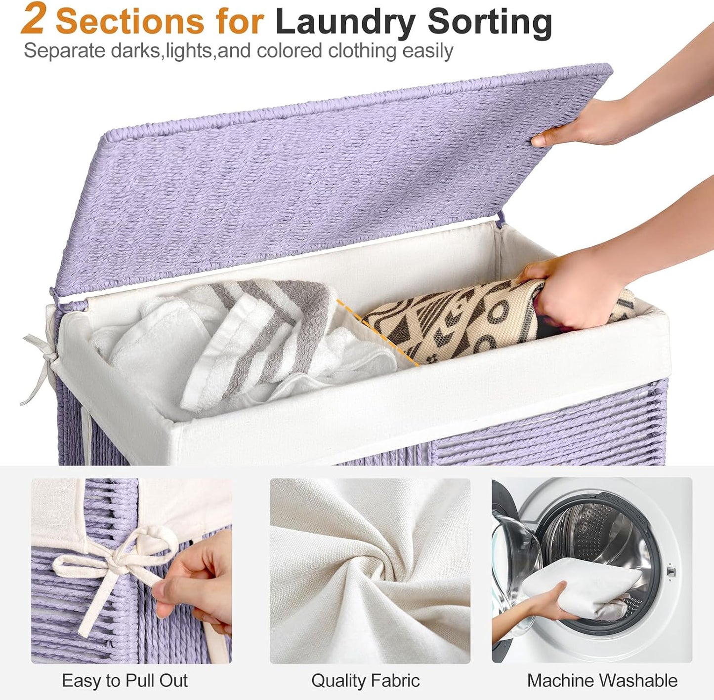 WOWLIVE Double Laundry Hamper with Wheels, Handwoven Rolling Laundry Basket | 115L Dirty Clothes Hamper with Lid, Removable Liner Bag, Large Capacity Laundry Sorter Laundry Room Organization, Green
