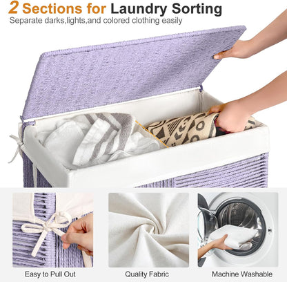 WOWLIVE Double Laundry Hamper with Wheels, Handwoven Rolling Laundry Basket | 115L Dirty Clothes Hamper with Lid, Removable Liner Bag, Large Capacity Laundry Sorter Laundry Room Organization, Green