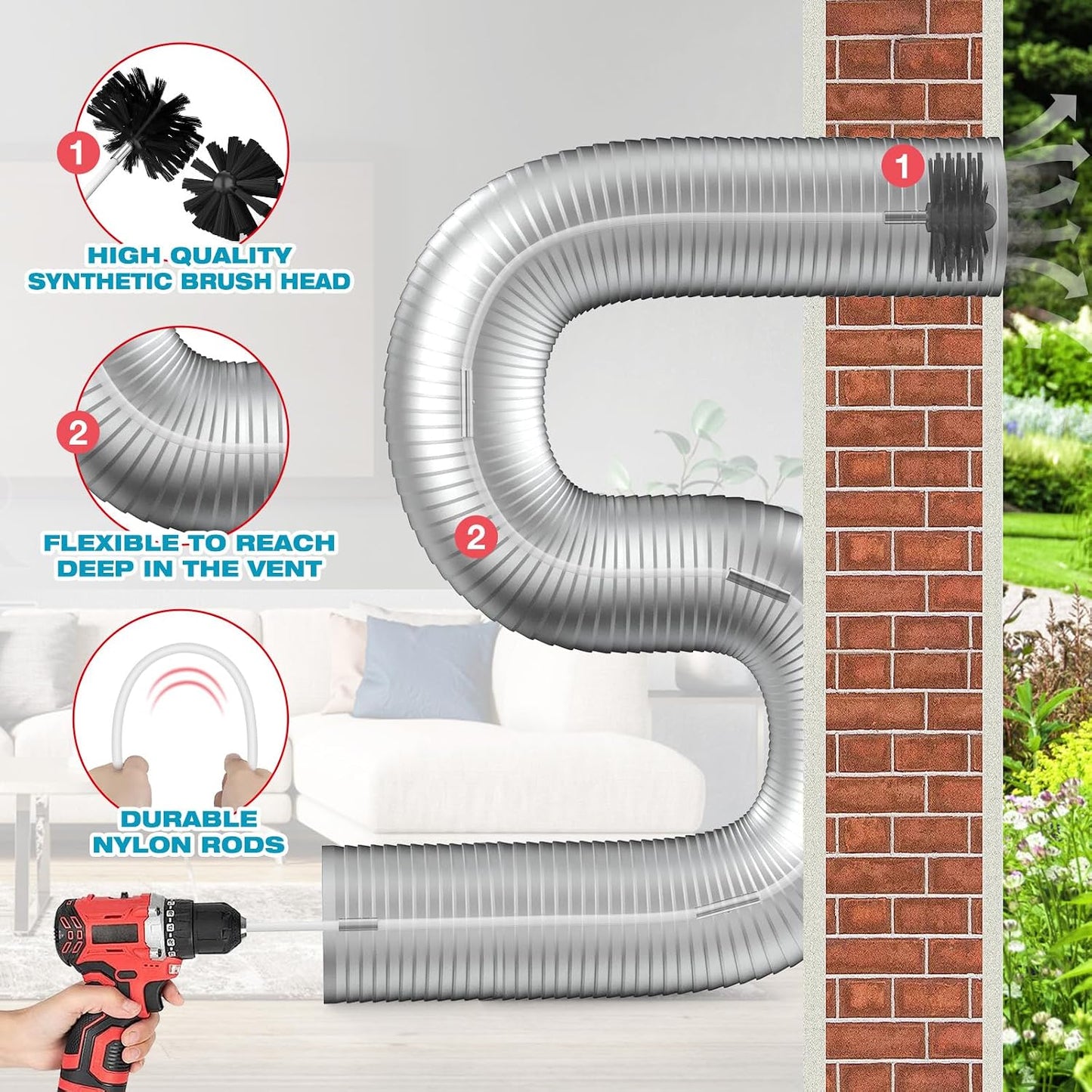 PetOde 32 Feet Dryer Vent Cleaner Kit, Flexible Lint Remover | Upgraded Quick-Snap Brush with Drill Attachment for Easy to Use, Deep Clean, Lint Removal, Easy DIY Assembly, Home Essential