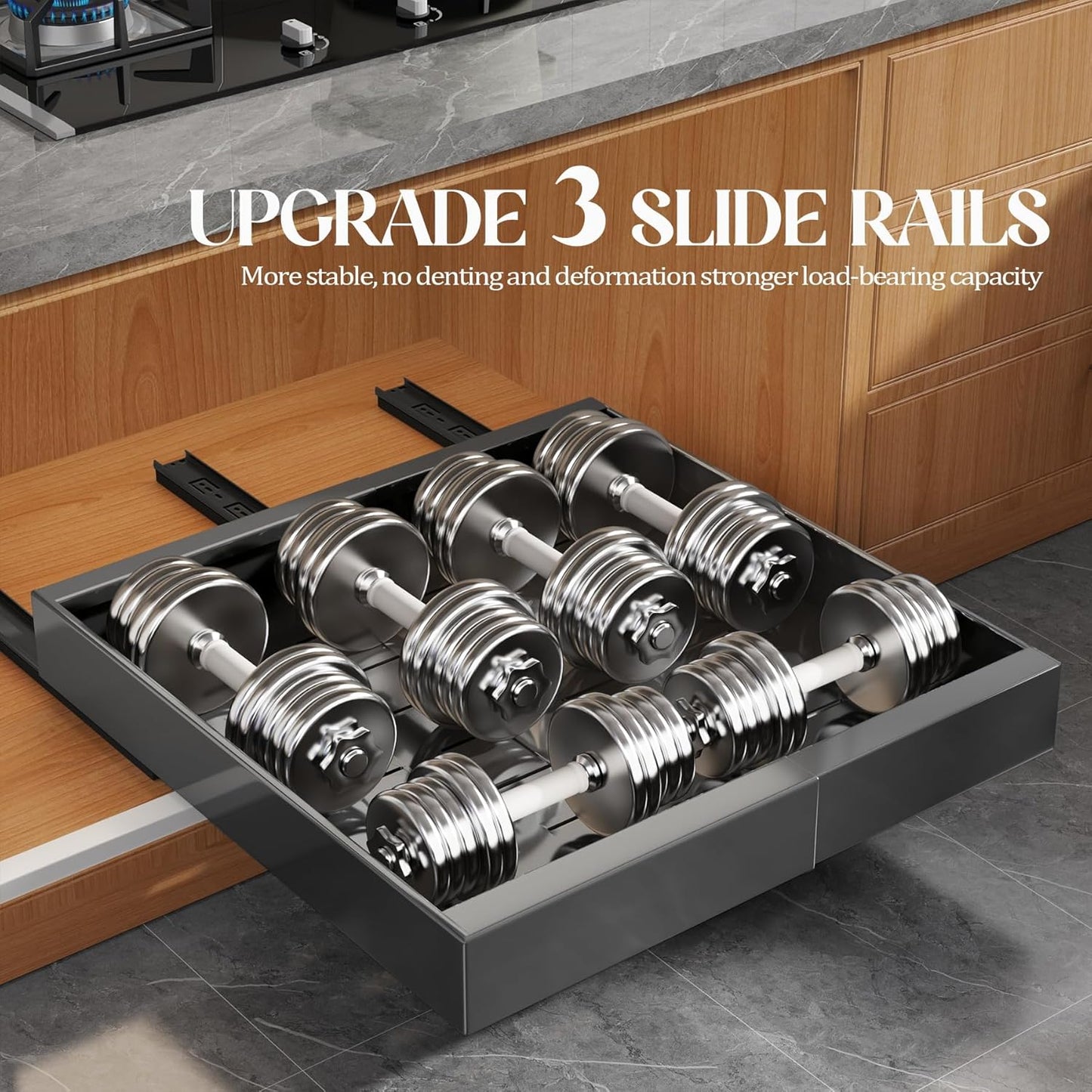 Seinloes 4 Pack Expandable Pull Out Cabinet Organizer 21"Deep With Raising Pad for Framed Cabinets,Upgrade 3 Slide Rails Slide Out Drawers,No Drill Roll Out Shelves,Adjustable Width 12.1"-20.4" White