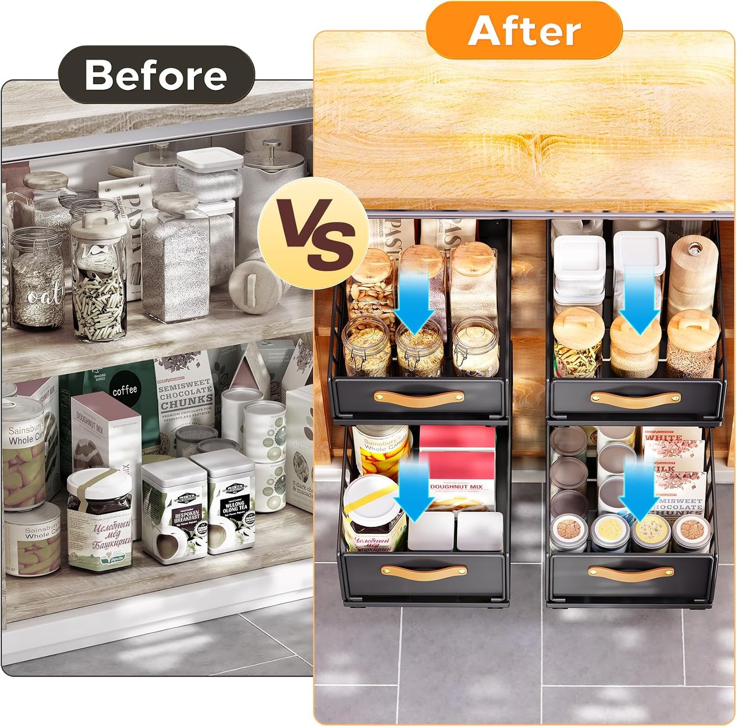 Pull out Cabinet Organizer,Heavy Duty Slide out Pantry Shelves Drawer Storage with Adhesive Nano Film,Sliding Mesh Cabinet Basket with Handle for Kitchen, Bathroom, Home, 11.8"W X 15.7"D X6.2"H,Black