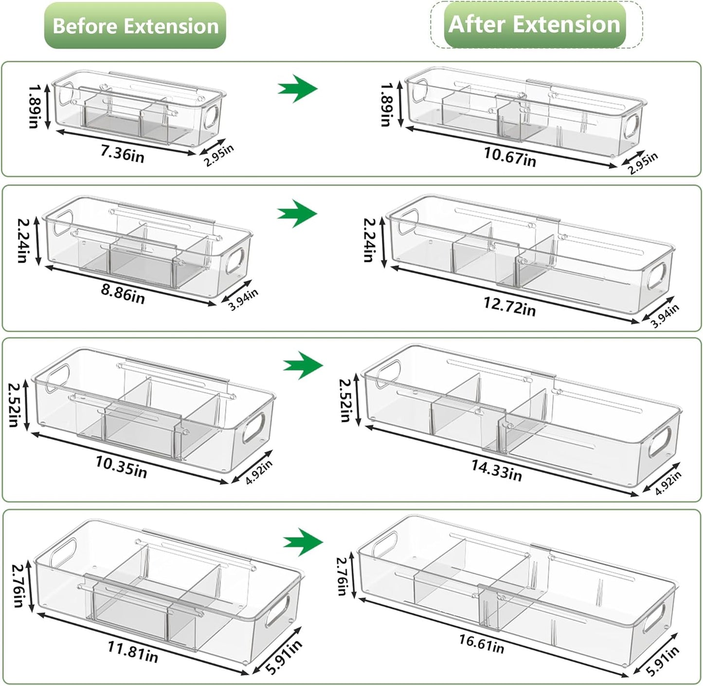 BLULEE 4-in-1 Expandable Drawer Organizer Set, Adjustable Clear Bins | with Dividers for Kitchen, Bathroom, Vanity & Office, Scalable Trays for Cosmetics, Utensils & Desk Accessories (4 Pcs)