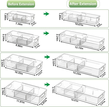 BLULEE 4-in-1 Expandable Drawer Organizer Set, Adjustable Clear Bins | with Dividers for Kitchen, Bathroom, Vanity & Office, Scalable Trays for Cosmetics, Utensils & Desk Accessories (4 Pcs)