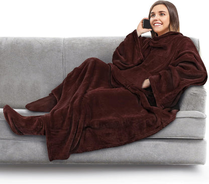 PAVILIA Fleece Blanket with Sleeves and Foot Pockets Women Men, Dark Purple