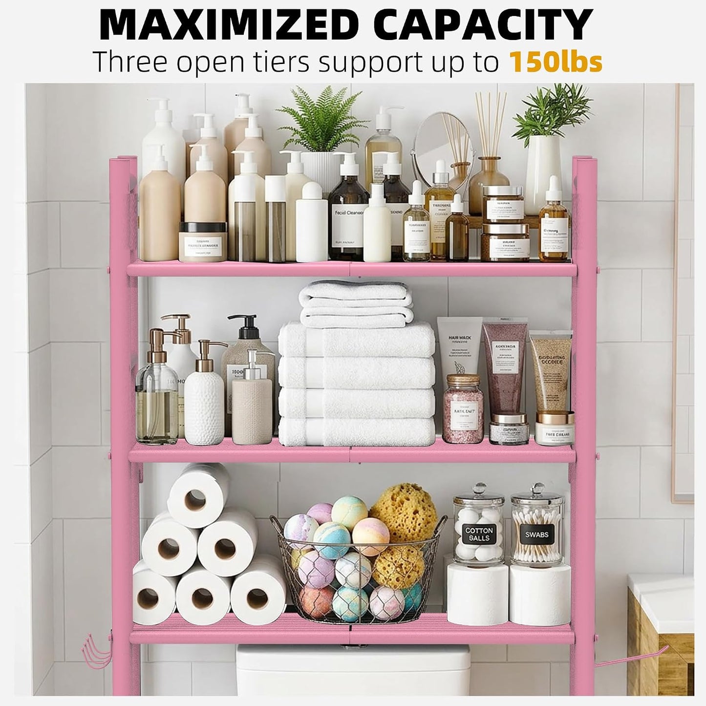 GloTika 3-Tier Over Toilet Storage, Anti-Tilt, 64" H, Black | Anti-Tilt Safety System, 150lb Capacity, Carbon Steel, Freestanding, No Drilling, Anti-Rust Coating, Paper Holder & 4 Hooks
