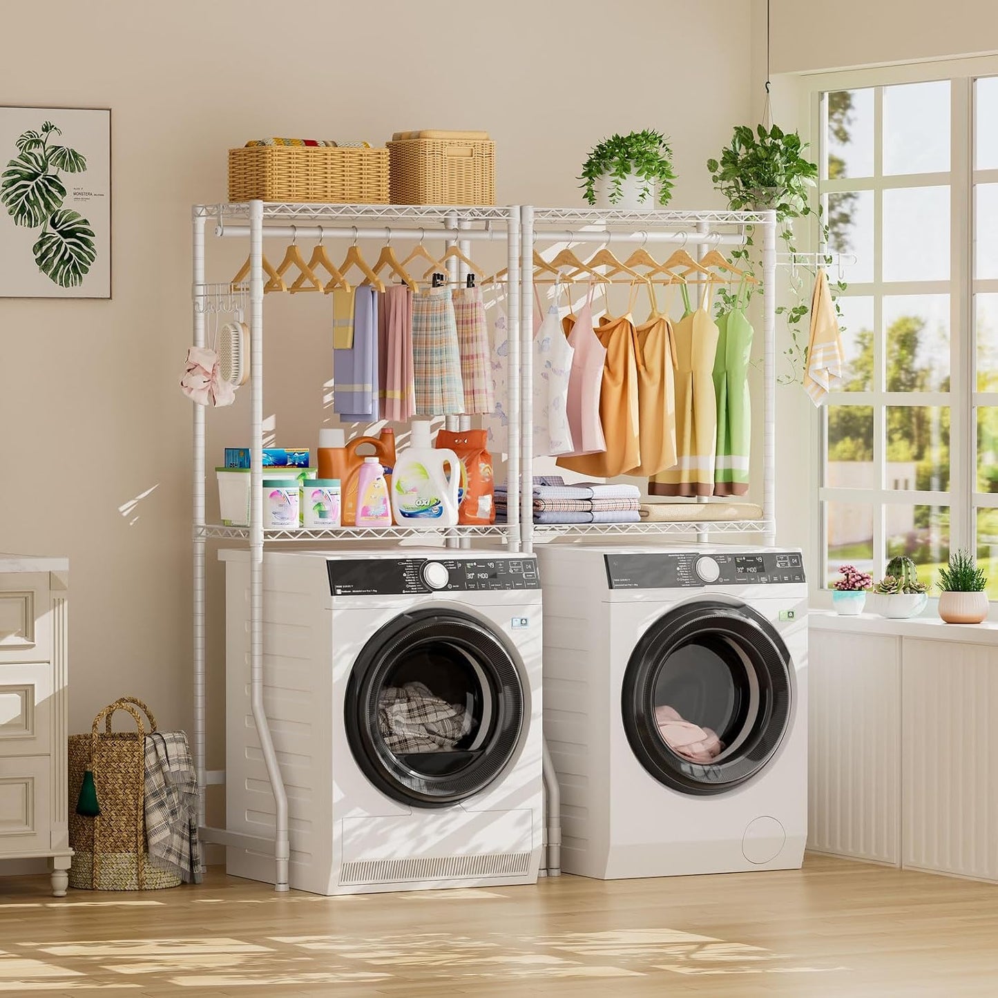 Golpart Laundry Organizer Shelves Over the Washer and Dryer Storage Shelf | Heavy Duty Laundry Room Organization Clothes Drying Rack Adjustable Height Wire Shelving and Wire Basket with Hanger Rod