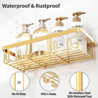 Liuoud 5 Pack Shower Caddy for Inside Shower, Gold Bathroom Storage Decor | Large Rustproof Stainless Steel Organizer with Strong Adhesive, No Drilling Wall Mounted Shelves, Bathroom Accessory Set