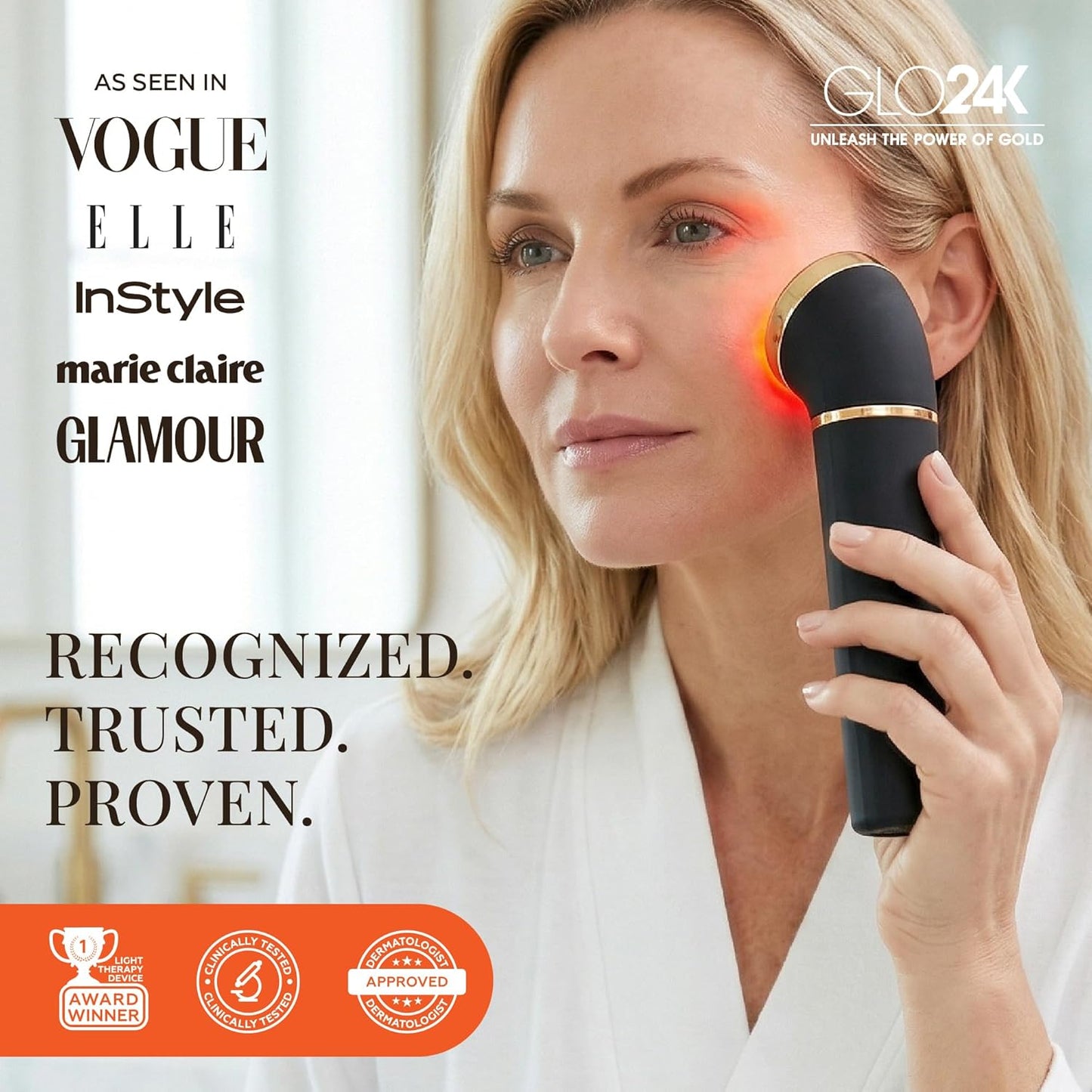GLO24K Heated Eye Wand & Eye Massager Tool - Gentle Warmth & Vibration for Smoother-Looking Skin, Refreshing Under-Eyes Massage, Portable Beauty Device