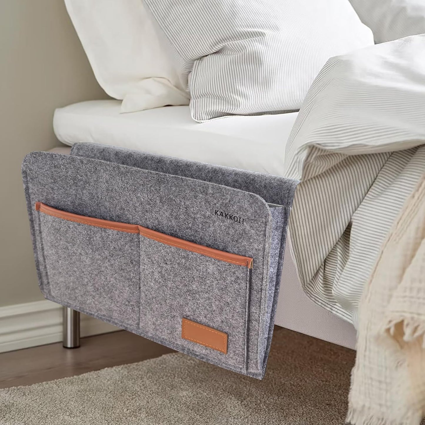 Bedside Caddy, Sofa Caddy, Storage Organizer Pocket for Dorm, Bedroom, 5 Pockets Felt Organizer for Magazine, Remote, Phone, Tablet, Pad, Glasses, Pen, Remote Control (Light Grey-Short)