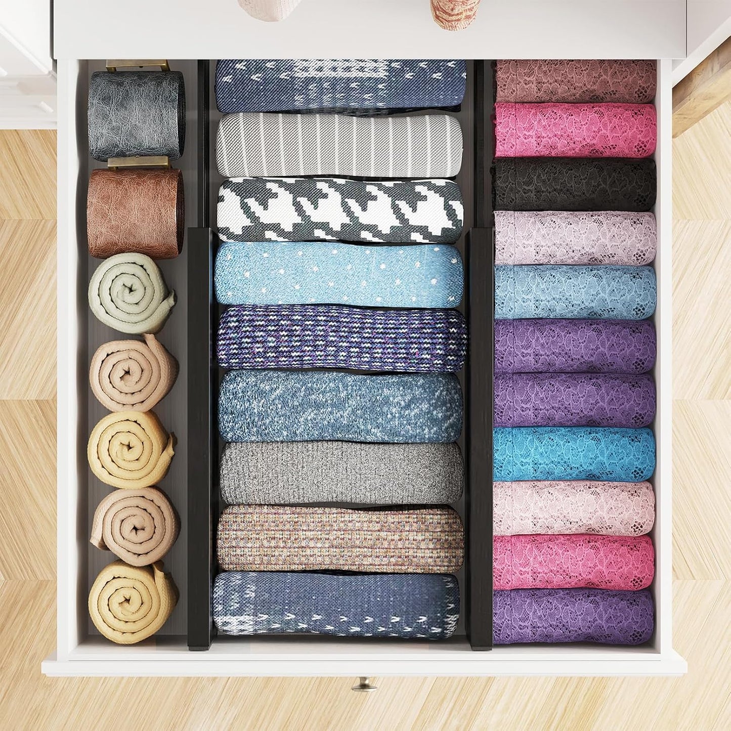 SpaceAid Bamboo 4 Pack Dresser Drawer Dividers, 4.65“ High Adjustable 12.5“-17” Drawer Organizers, Expandable Organization for Clothing, Clothes, Dressers, Black