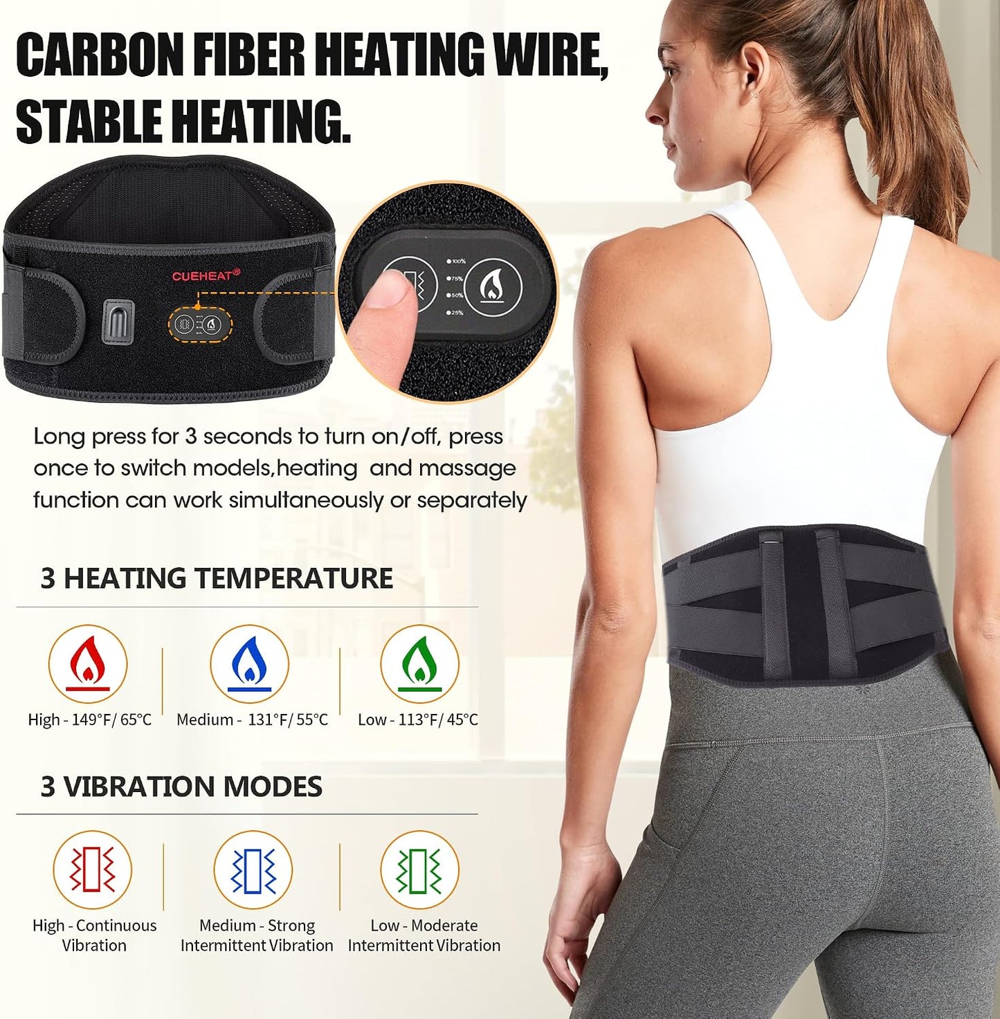 CUEHEAT Heated Waist Belt with Massage - Cordless Lower Back Heating Pad | 3 Heat Settings, 3 Vibration Modes, 7.AV Rechargeable Battery, Adjustable Fit for Wearable Lower Back Warmth