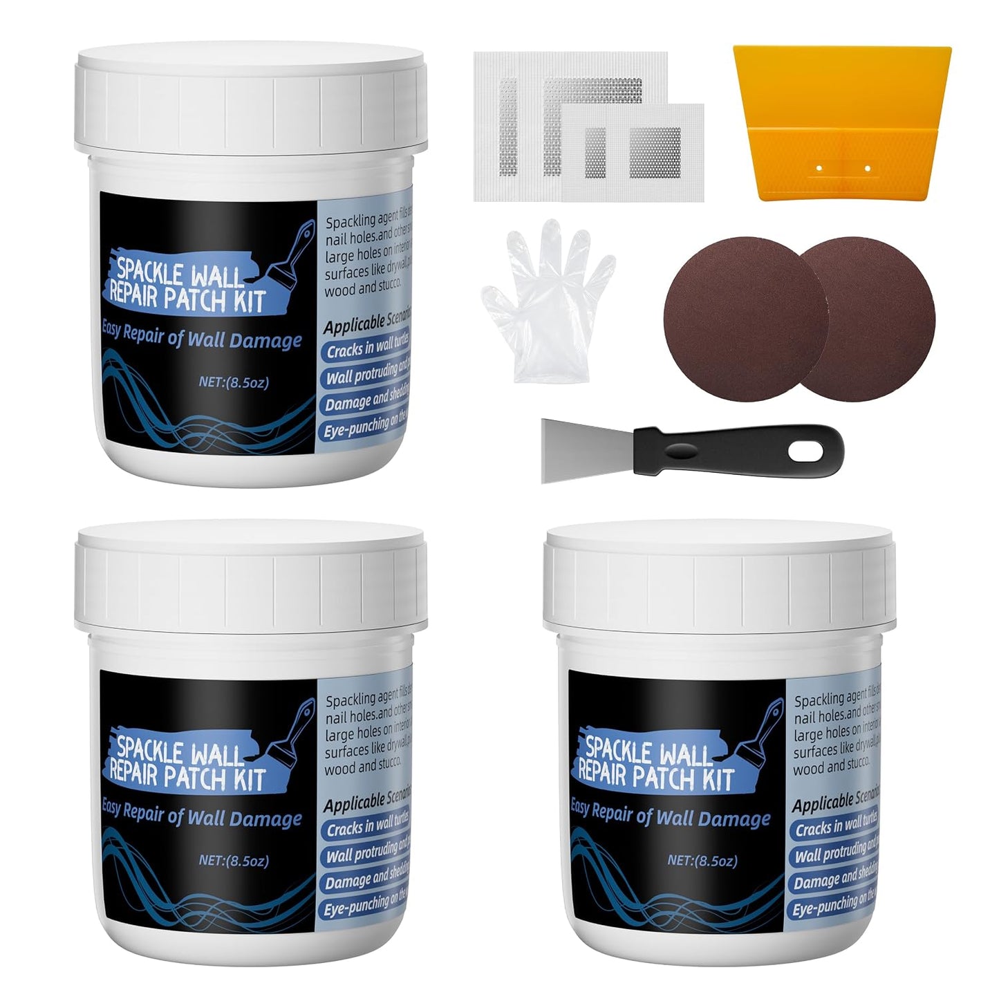 Oriflame Drywall Repair Kit: 8.5 Ounce Spackle Wall Repair with Patch/Scraper/Sandpaper/Gloves - White Wall Putty for Nail Holes/Cracks/Dents/Stains/Peeled Wall (1)