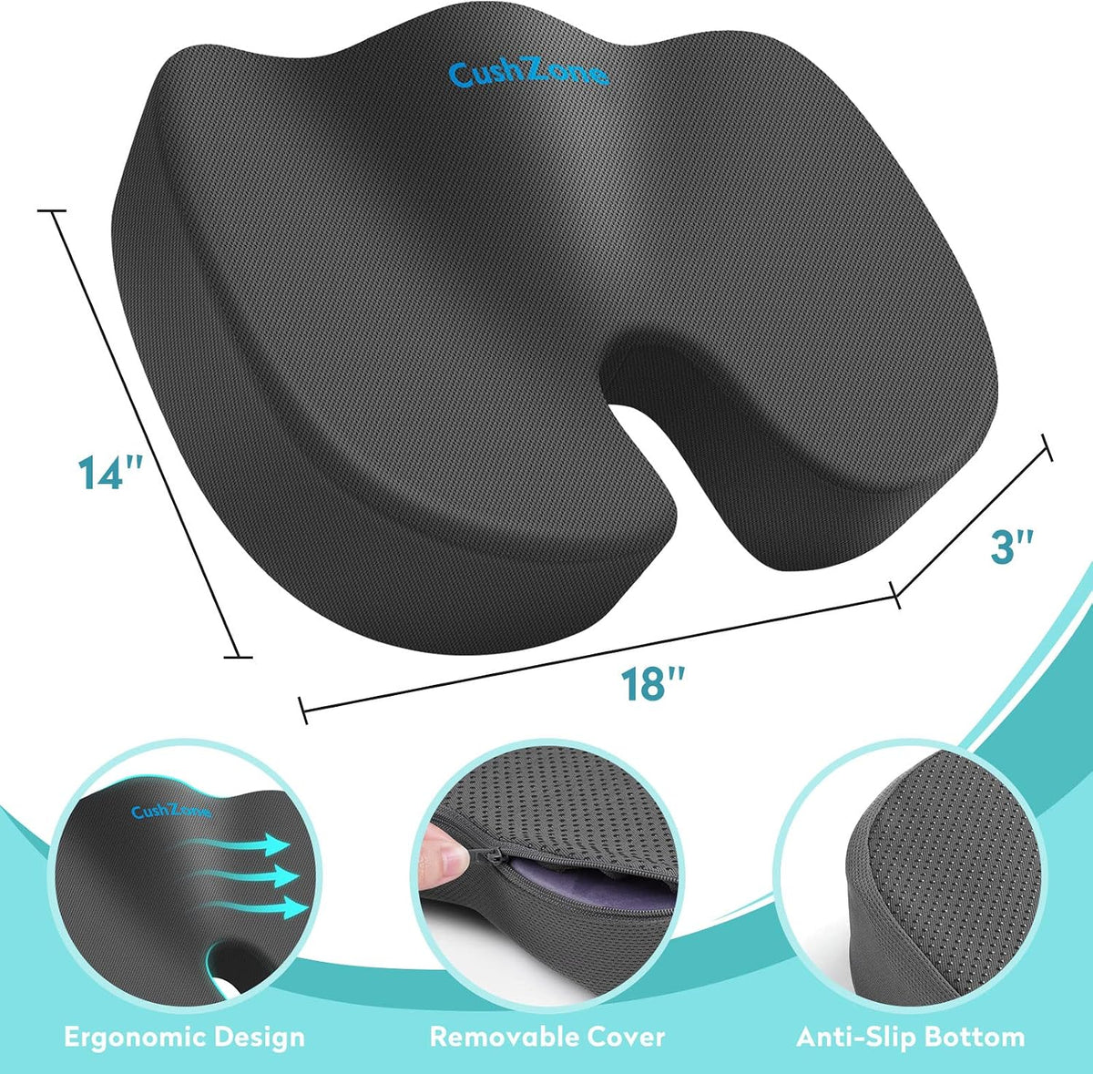 Gel Seat Cushion, Cooling Memory Foam Cushion for Office Chair, Black