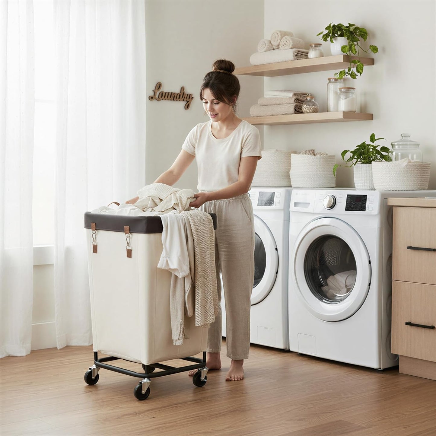 StorageWorks 160L Laundry Basket with Wheels, Rolling Hampers for Clothing | Beige Laundry Basket with Wheels, Metal Frame & Handles, Rolling Hamper for Bedroom, Bathroom, Dorm, Hotel