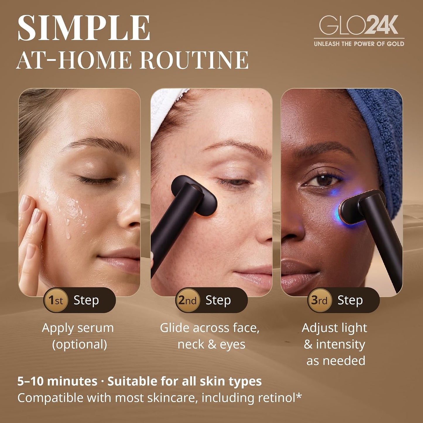 GLO24K Heated Eye Wand & Eye Massager Tool - Gentle Warmth & Vibration for Smoother-Looking Skin, Refreshing Under-Eyes Massage, Portable Beauty Device