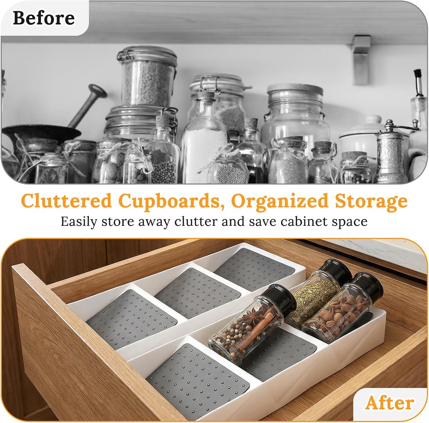 2 Pcs Spice Drawer Organizer Plastic, Drawer Spices Organizer, 3 Tier Kitchen Cabinet Seasoning Rack, White Gray, for Spice Jars, Essential Oils, Cosmetics, Office Supplies, Pantry Storage