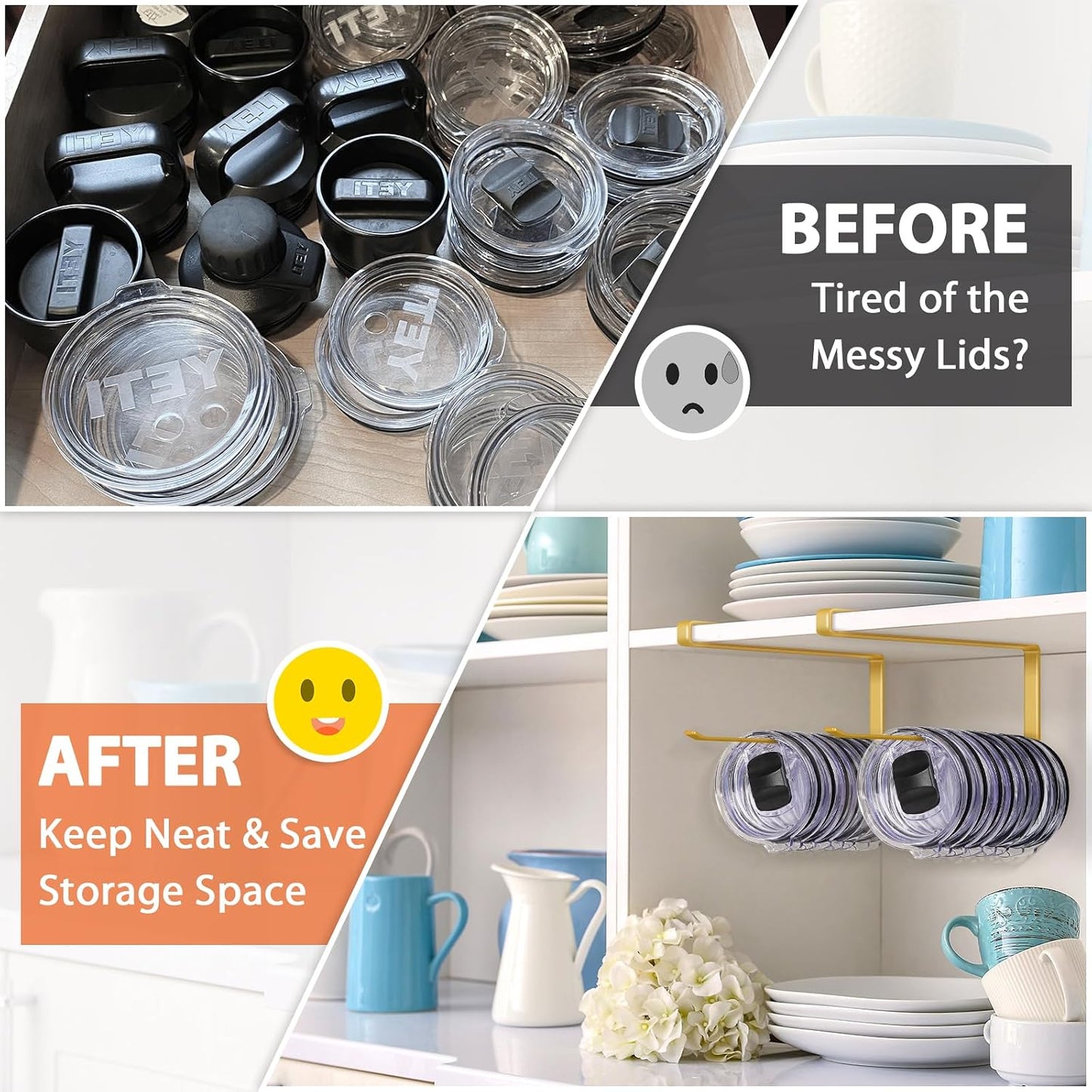 Tumbler Lid Organizer, Versatile Tumbler Lid Storage Holds 10 Lids, Black | Space Saving Cup Lid Organizers Inside Cabinet Tumbler Lid Hook for Kitchen Organizer and Storage, Paper Towel Rack Hanger
