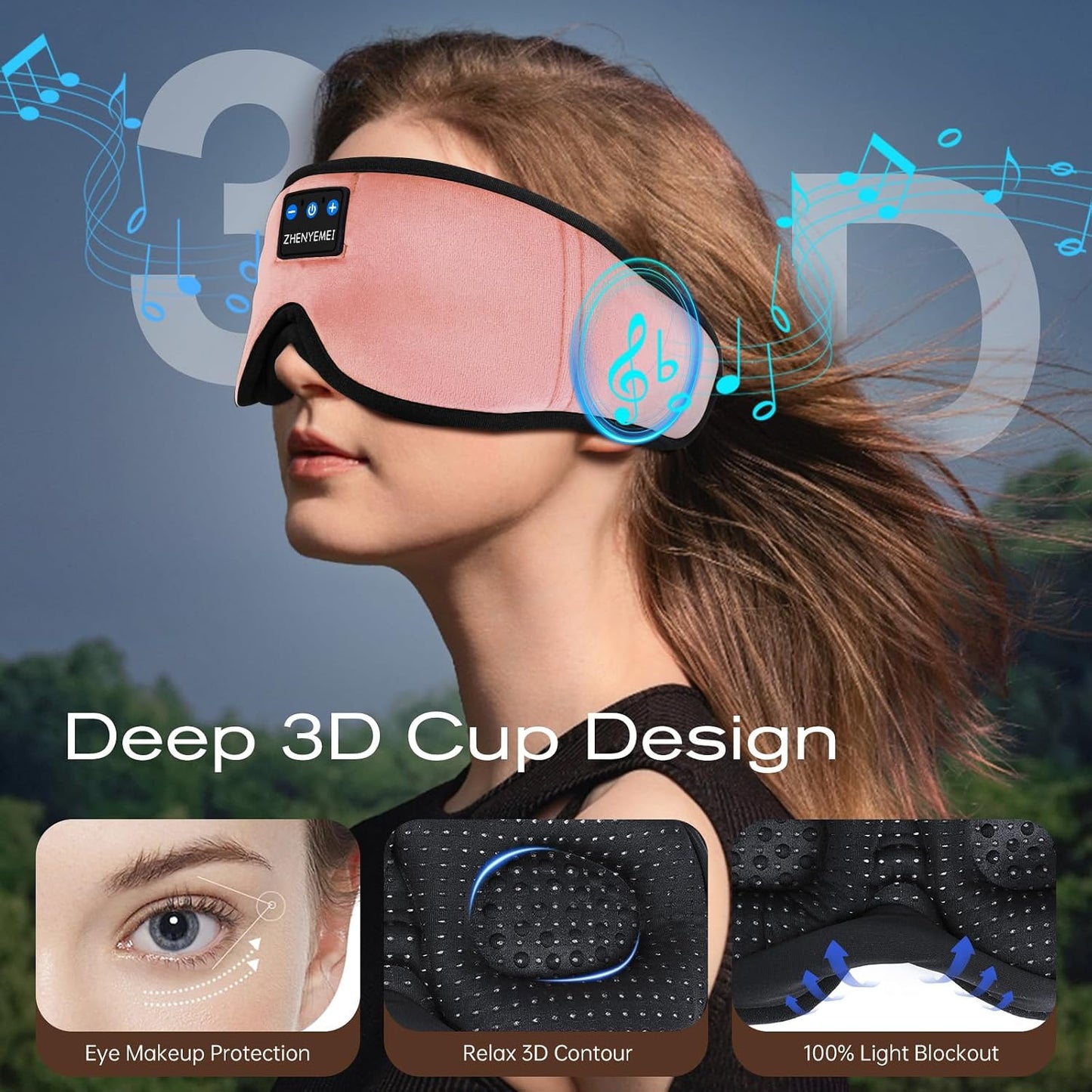 Sleep Mask with Bluetooth 5.4 Headphones, Removable 3D Eye Cups, Timing Sleeping Headphones for Side Sleepers, Wireless Music Eye Mask Speakers for Men, Women, Tech Gifts, Pink
