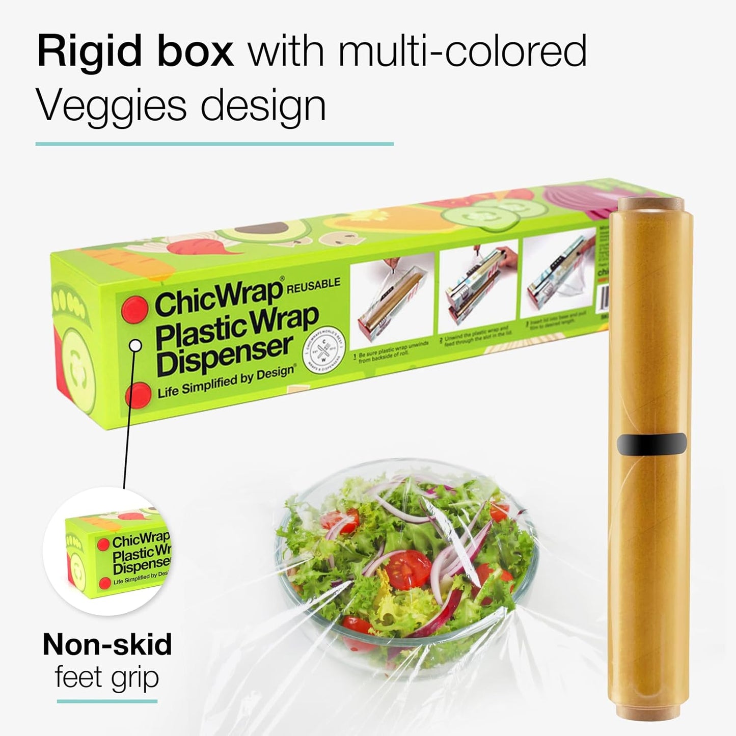 Chicwrap Veggies Refillable Plastic Wrap Dispenser - Includes One 12" x 250' Roll of Professional Grade Plastic Wrap - BPA Free and Kosher Certified - Reusable Dispenser w/Slide Cutter | Reusable Plastic Wrap Dispenser with Four Non-Slip Rubber Feet and
