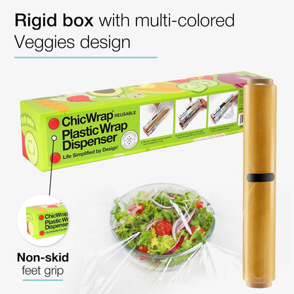 Chicwrap Veggies Refillable Plastic Wrap Dispenser - Includes One 12" x 250' Roll of Professional Grade Plastic Wrap - BPA Free and Kosher Certified - Reusable Dispenser w/Slide Cutter | Reusable Plastic Wrap Dispenser with Four Non-Slip Rubber Feet and