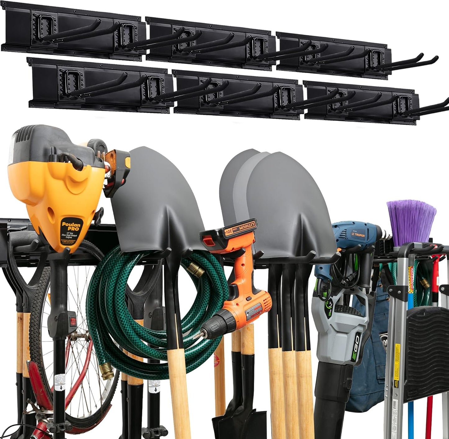 Garage Tool Organizer Wall Mount, 64", 4 Racks 8 Hooks, 400 lbs | 400 lbs, anti-rust carbon steel, garden tool organizer & storage rack for garage organization, shovels, rakes & tools