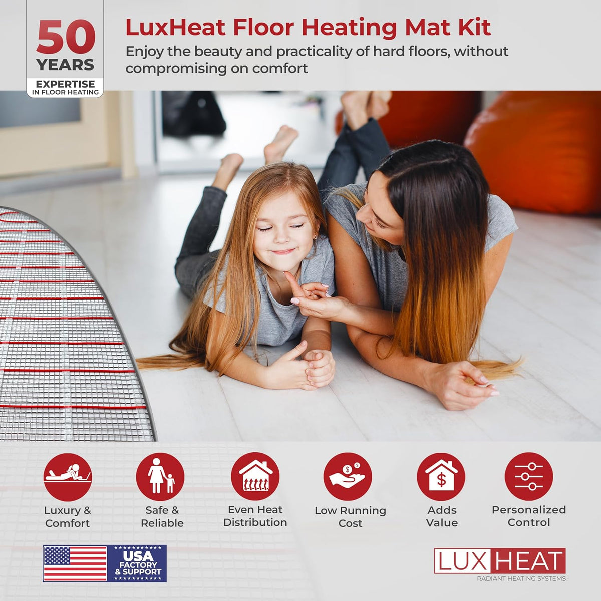 LuxHeat 60 sqft Floor Heat System, Prog Thermostat - 120V Heated Floor Mat