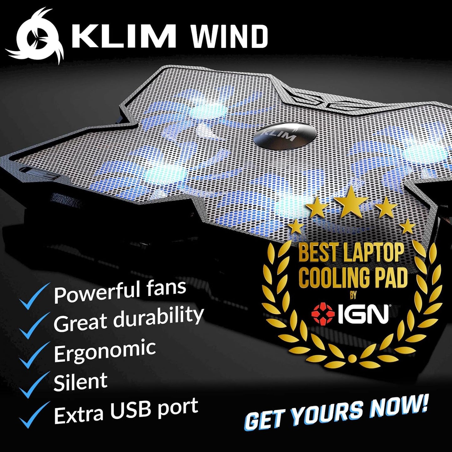 KLIM Wind Laptop Cooling Pad - More Than 500 000 Units Sold - New Version - The Most Powerful Rapid Action Cooling Fan - Laptop Stand with 4 Cooling Fans at 1200 RPM - USB Fan - PS5 PS4 - RGB