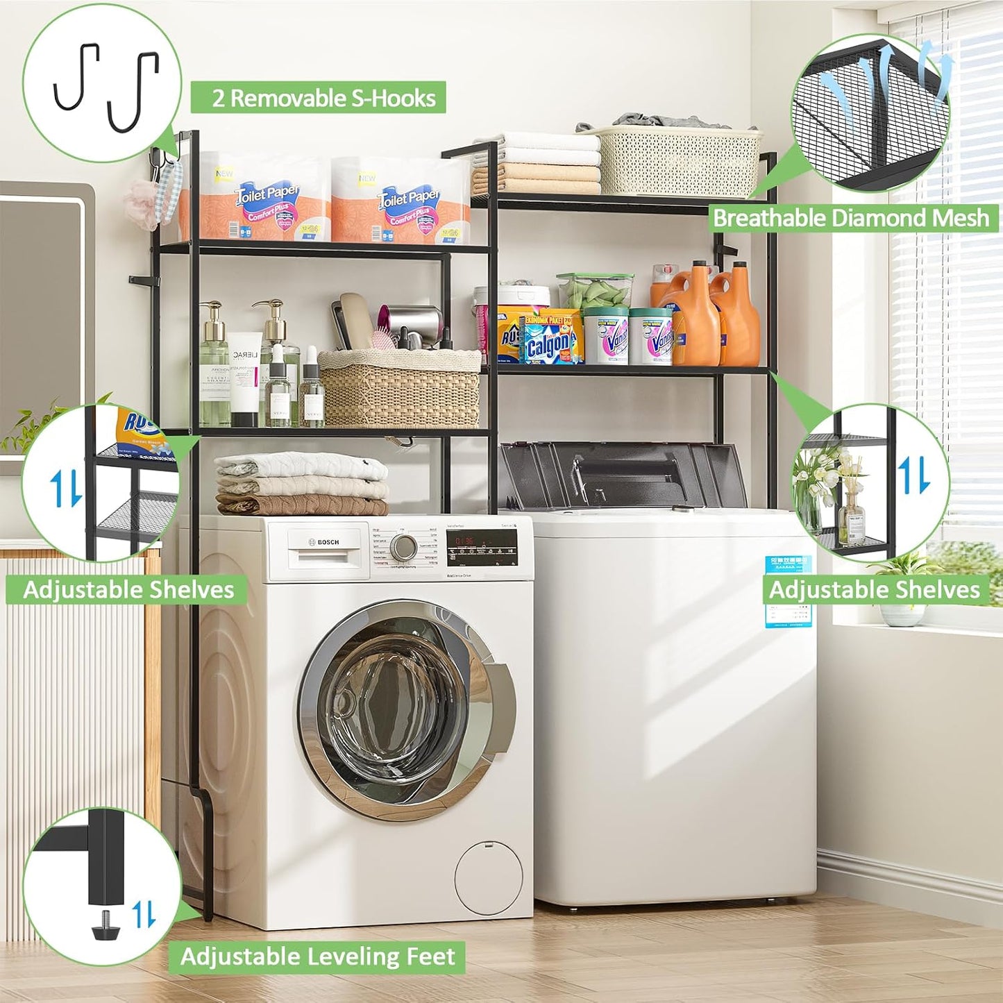 DAOUTIME Over the Washer and Dryer Storage Shelf, 4-Tier Laundry Room Organizer with Adjustable Shelves & Leveling Feet, Heavy Duty Space-Saving Wire Laundry Shelf - Fits Right Over Washing Machines
