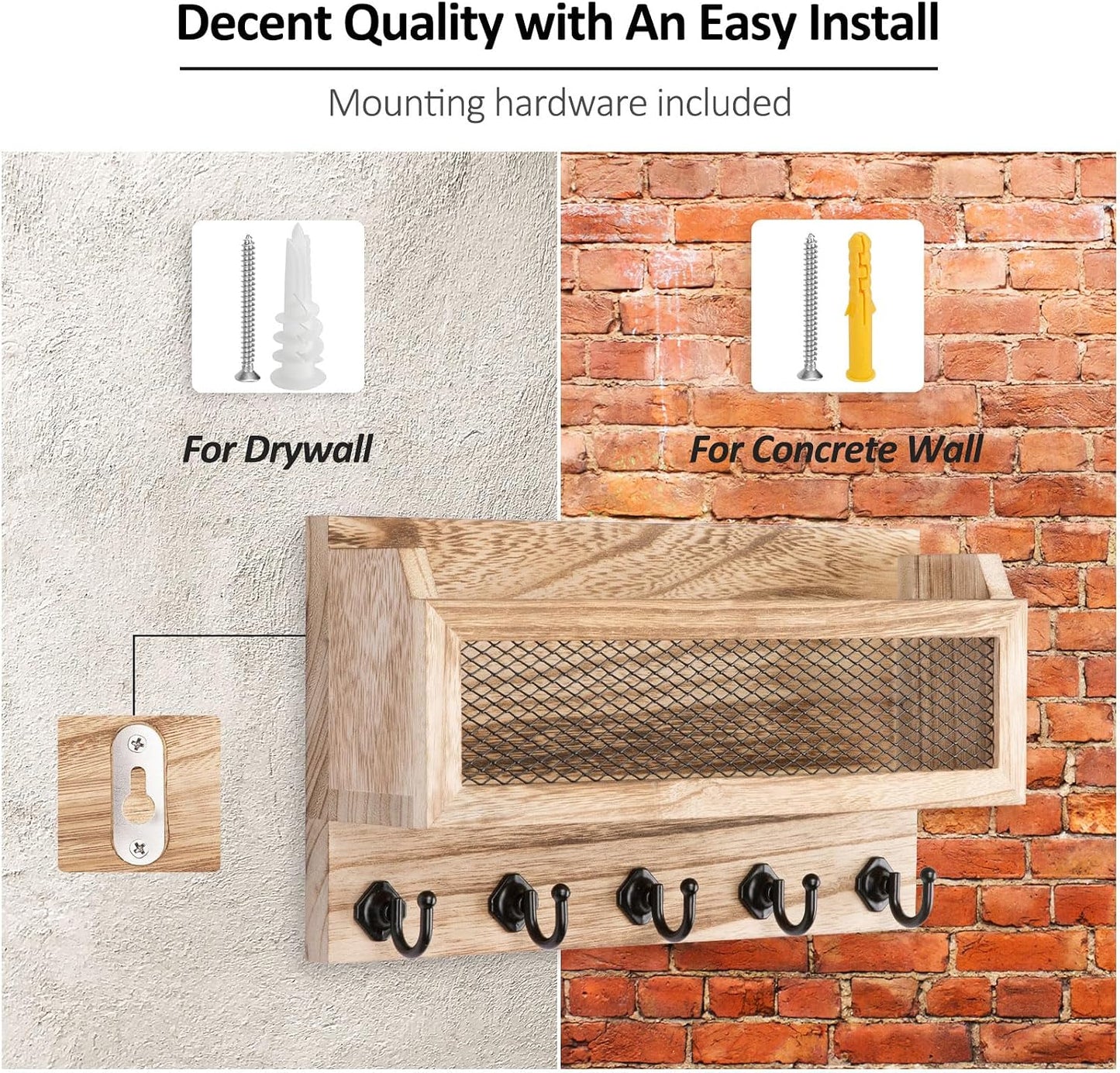 Nekon Mail and Key Holder for Wall Decorative, 11 Inch Mail Holder, Brown | Wooden Wall Key Organizer with 5 Key Hooks, Wall Mount Storage Shelf for Entryway Hallway