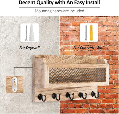 Nekon Mail and Key Holder for Wall Decorative, 11 Inch Mail Holder, Brown | Wooden Wall Key Organizer with 5 Key Hooks, Wall Mount Storage Shelf for Entryway Hallway