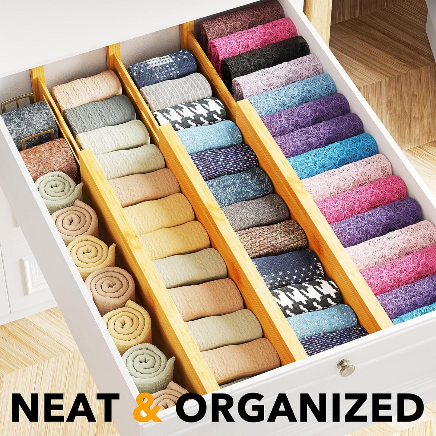 SpaceAid Bamboo Dresser Drawer Dividers 6 Pack, 4.65“ High Adjustable 12.5“-17” Drawer Organizers, Expandable Organization for Clothing, Clothes, Dressers, Natural