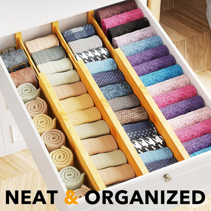 SpaceAid Bamboo Dresser Drawer Dividers 6 Pack, 4.65“ High Adjustable 12.5“-17” Drawer Organizers, Expandable Organization for Clothing, Clothes, Dressers, Natural