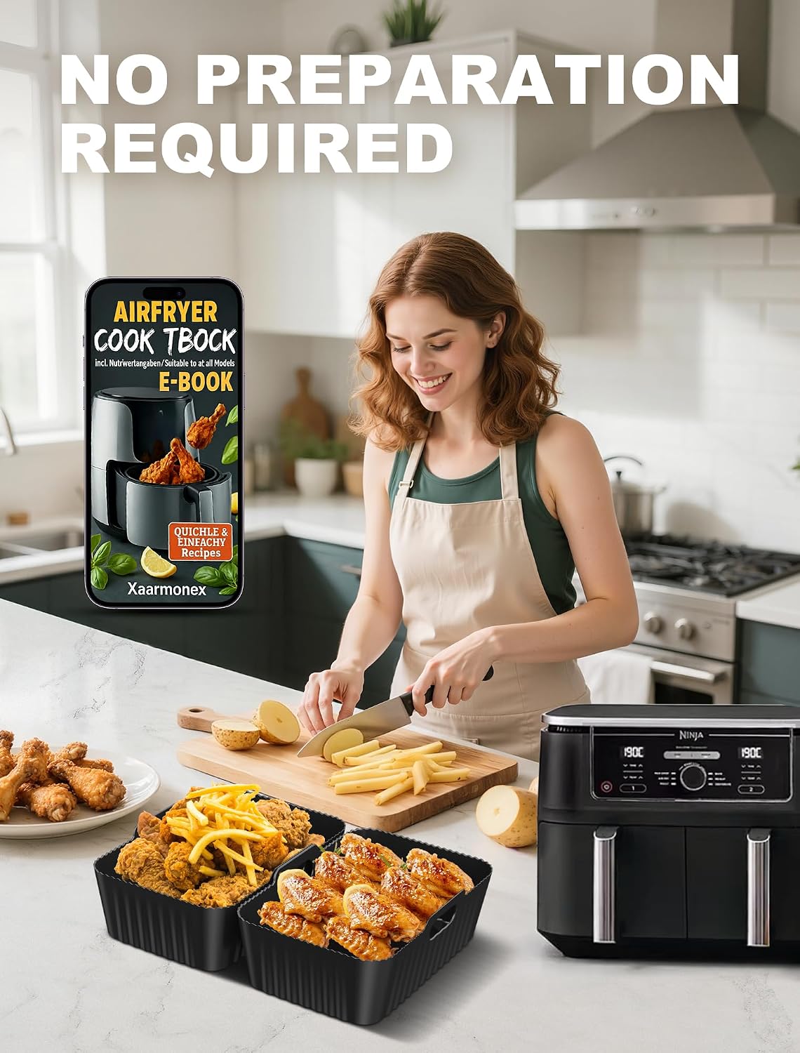Silicone Air Fryer Liners 2 Pack for Ninja Dual Zone AF400UK AF451UK AF300UK 7.6–9.5L Foodi MAX, Compatible with Tower T17088, Keplin, EMtronics Reusable Non-Stick Dishwasher Safe Accessories