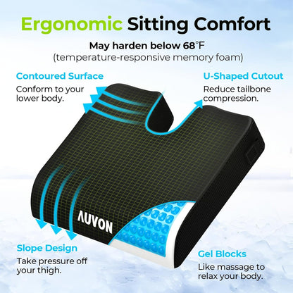 AUVON Gel Wheelchair Seat Cushion with Waterproof Cover for Pressure Sore & Ulcer, Ergonomic Chair Cushion with U-Cutout for Tailbone Pain, Back Pain Relief, Memory Foam Wheelchair Cushion, Anti-Slip
