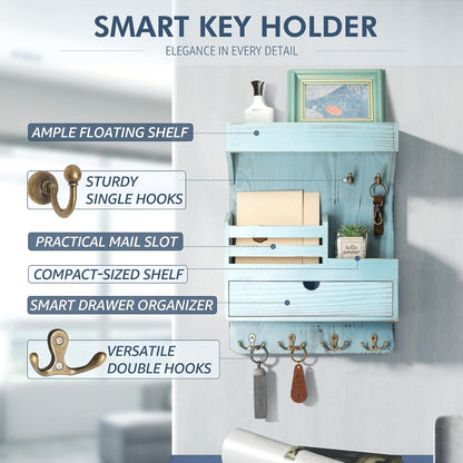 Rebee Vision Key Holder Wall Mount with Drawer Organizer for Entryway,Brown | Pine Wood, 6 Key Hooks, Display Shelf for Plants, Mail Slot for Storage Letter, Multi-Funtional Design, Home Storage