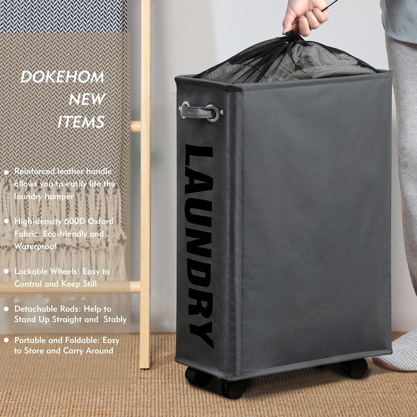 DOKEHOM 25" Slim Rolling Laundry Basket Hamper, Narrow on Wheels, Grey | Collapsible narrow laundry hamper with mesh drawstring closure. Foldable corner clothes storage bin for small spaces