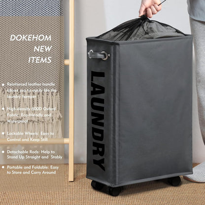 DOKEHOM 25" Slim Rolling Laundry Basket Hamper, Narrow on Wheels, Grey | Collapsible narrow laundry hamper with mesh drawstring closure. Foldable corner clothes storage bin for small spaces